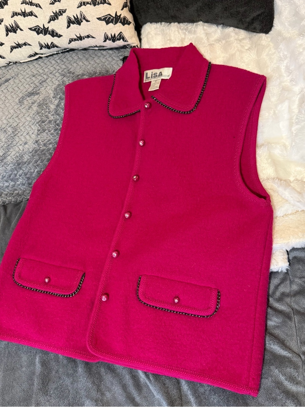 vintage Lisa International 100% boiled wool hot pink vest